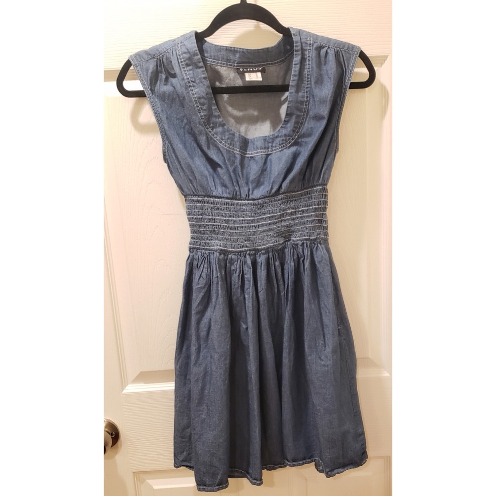 Denim elastic waist scoop neck dress w/ pockets